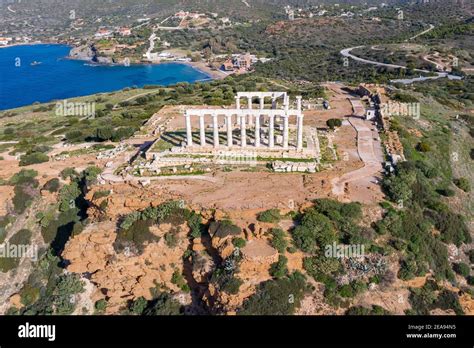 Cape Sounio, Greece. Poseidon temple aerial drone view. Archaeological site of ancient greek ...