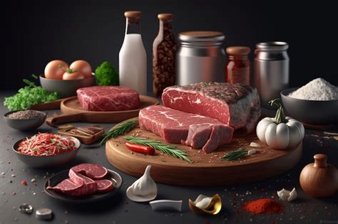 Premium AI Image | A table of meats and spices including meat, vegetables, and spices.