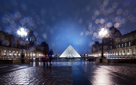 The Louvre Louvre Pyramid Buildings Paris Night Light Bokeh Wet Rain HD ...