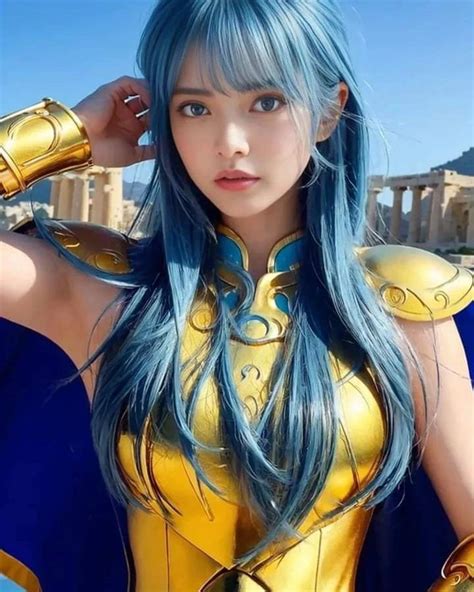 a woman with blue hair and gold outfit