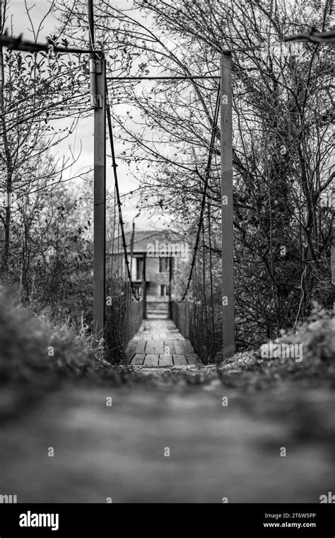 Rural life black and white shallow focus plain photo of a suspended bridge in the Bulgarian ...