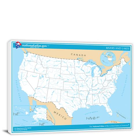 USA-National Atlas Rivers and Lakes Map, 2022 - Canvas Wrap