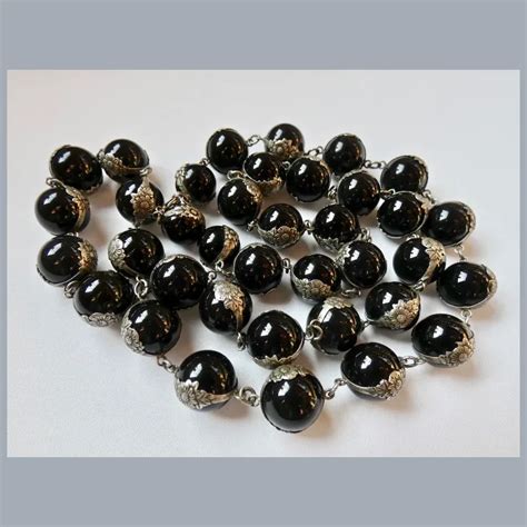 Art Deco Pools of Light Style Black Glass Orb Long Necklace - Ruby Lane