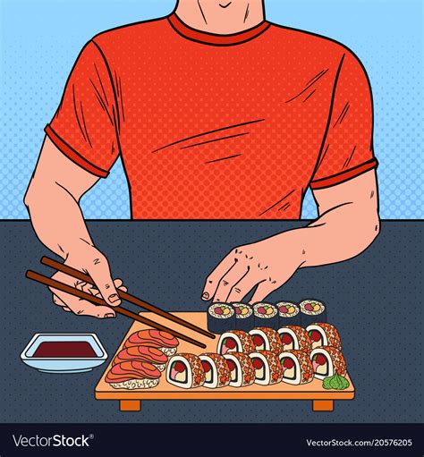 Pop art man eating sushi at the asian restaurant Vector Image