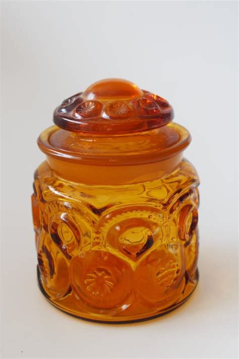 vintage LE Smith amber glass Moon & Stars small canister jar with lid