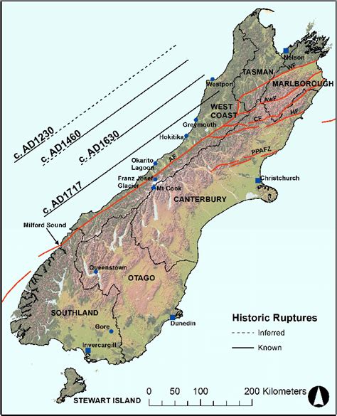 Known and inferred rupture lengths of the last four Alpine Fault... | Download Scientific Diagram