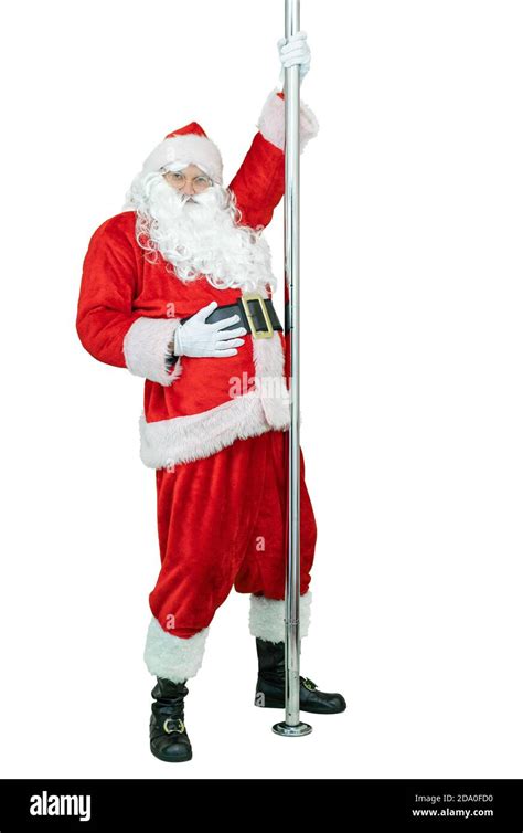 Santa is pole dancer, dancing with pylon. Funny Santa Claus dances with pole on white background ...