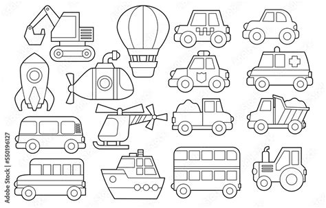 Vector set of vehicles. Coloring book for children activities. Simple ...