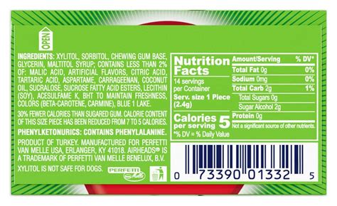 Airhead Nutrition Label