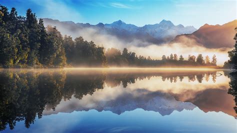 nature, Landscape, Lake, Sunrise, Mist, Forest, Mountain, Water, Reflection, Snowy Peak, Trees ...