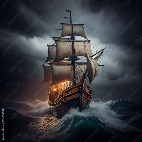 A pirate ship on the high seas during a storm. An old ancient pirate ...