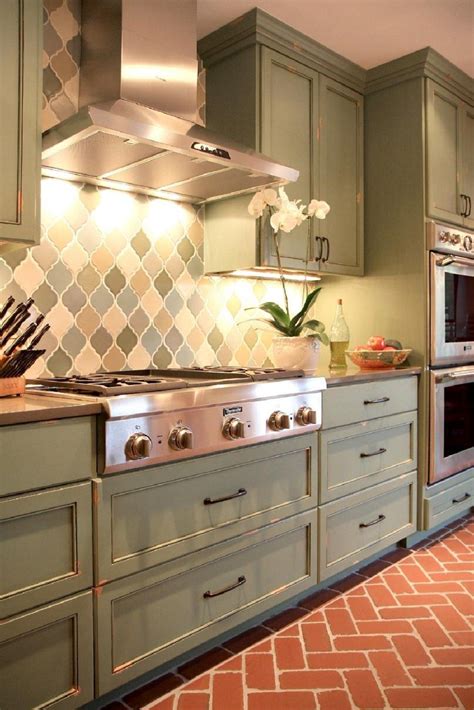 Most Awesome Sage Kitchen Cabinet Design Ideas (14) | Green kitchen cabinets, Brick floor ...