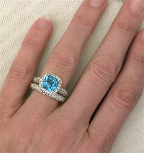 Cushion Cut Blue Topaz and Diamond Halo Engagement Ring and Wedding Band with Milgrain Edging ...