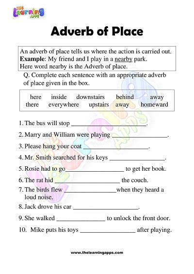 Download Free Printable Adverbs of Place Worksheet for Grade 3