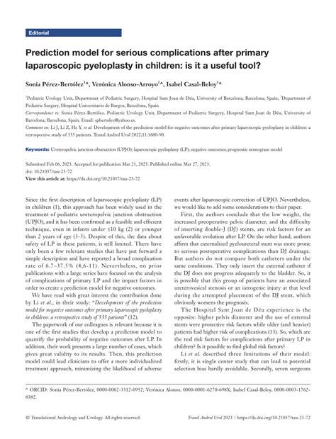 (PDF) Prediction model for serious complications after primary laparoscopic pyeloplasty in ...