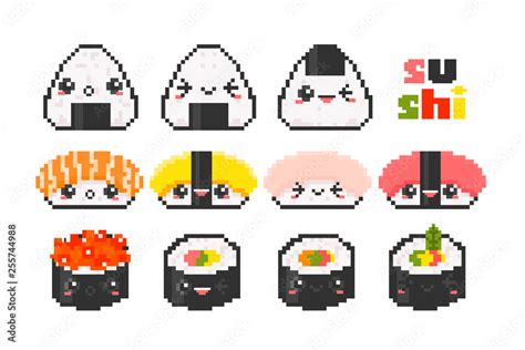 Various sushi with face emotions. Pixel art. Hand drawn trendy illustration. Flat design. Kawaii ...