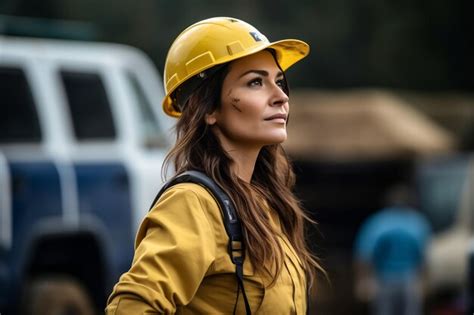 Premium AI Image | Young builder woman in construction uniform and safety helmet with looking ...