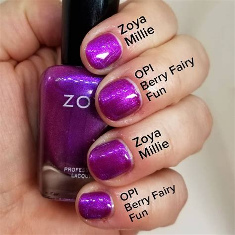 Comparison Swatches ☆ Zoya | Millie (index, ring) • OPI | Berry Fairy Fun (middle, pinky) | Nail ...