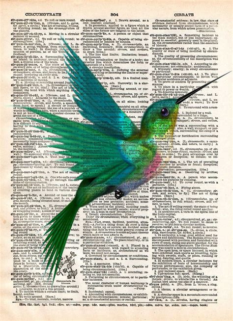 Hummingbird art print, bird art, cute humming bird drawing, vintage dictionary print ...