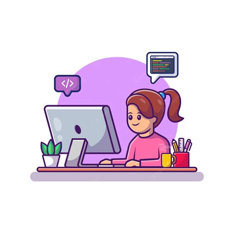 Premium Vector | Cute Girl Working On Computer Cartoon Vector Icon Illustration. People And ...