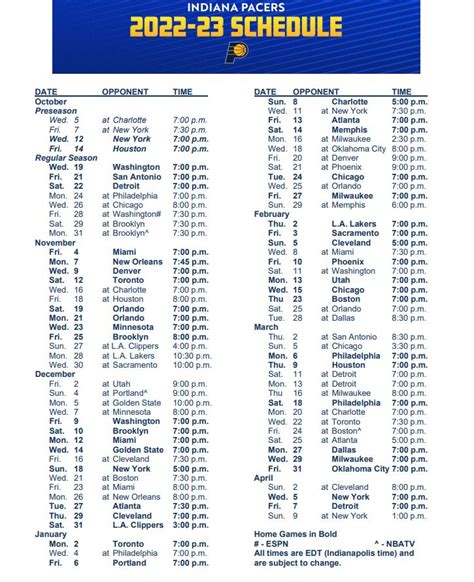 Pacers schedule for 2022-23 season