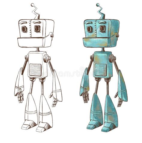 Robot Drawing, Graphic Drawing and Colour Illustration. Robot Character ...