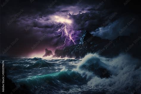 Ilustracja Stock: Night sea dramatic landscape with a storm. Night ...