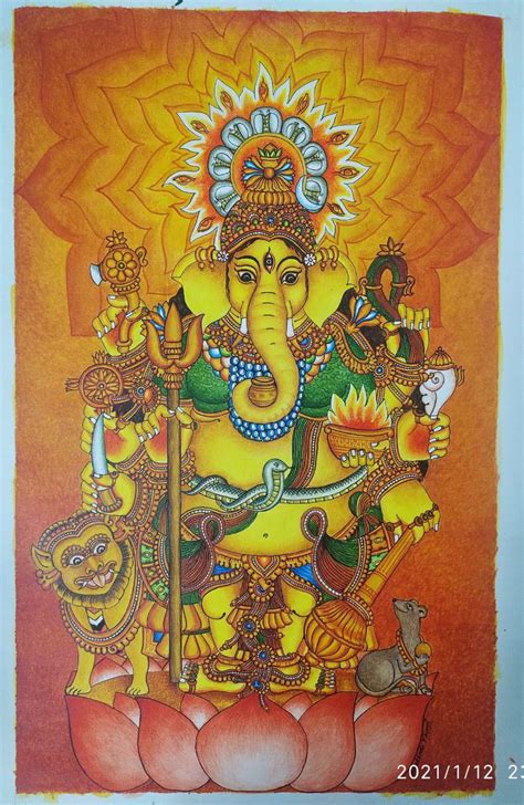 Drishti Vinayaka - Kerala Mural (18" x 30") - International Indian Folk Art GalleryKerala mural ...