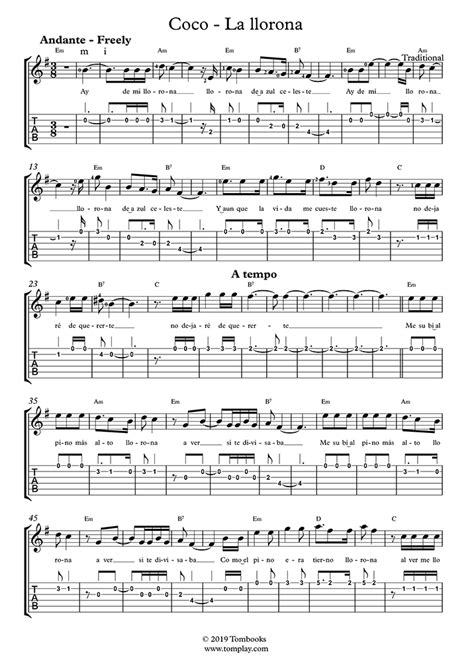 Coco - La Llorona (Intermediate Level, Solo Guitar) (Traditional) - Guitar Tabs and Sheet Music