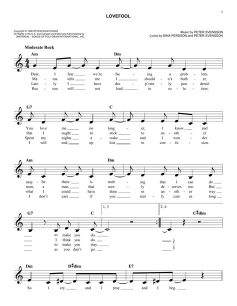 Lovefool chords by The Cardigans (Melody Line, Lyrics & Chords – 190356)