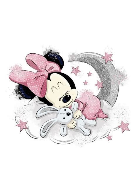 minnie mouse hugging her stuffed animal on the moon with stars in the ...