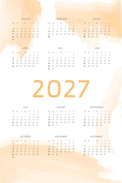 Orange 2027 calendar template on background with pastel handdrawn ...