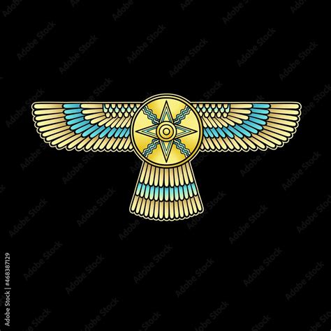 Animation color drawing: winged divine star. Symbol in Assyrian mythology. Vector illustration ...