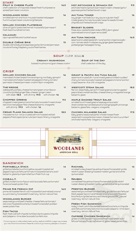 Woodlands American Grill menu in Dallas, Texas, USA