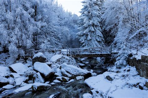 Snow covered bridge and rocks with river HD wallpaper | Wallpaper Flare