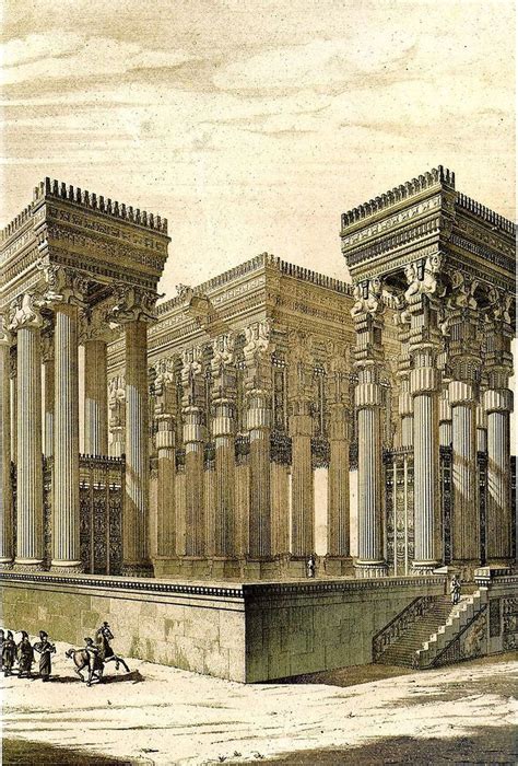 an old drawing of a building with columns and people standing around it ...