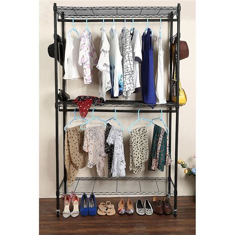 Ktaxon Double Rod Closet 3 Shelves Wire Shelving Clothing Rolling Rack ...