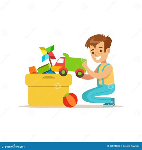 Boy Putting His Toys in Special Box Smiling Cartoon Kid Character Helping with Housekeeping and ...