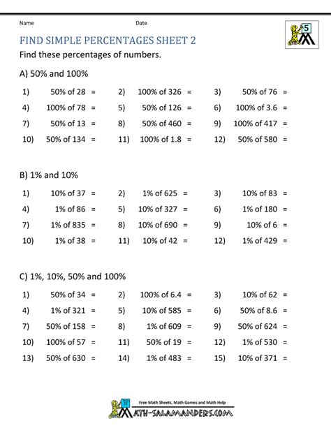 Finding Percentage Worksheets