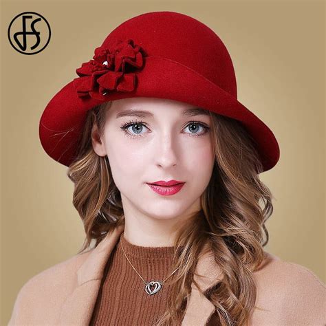 FS Vintage Red Church Hat Women Elegant Winter Wool Wide Brim Fedoras Ladies Bl - Hats