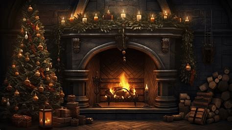 Beautiful Christmas Background With Burning Candles And Fireplace ...