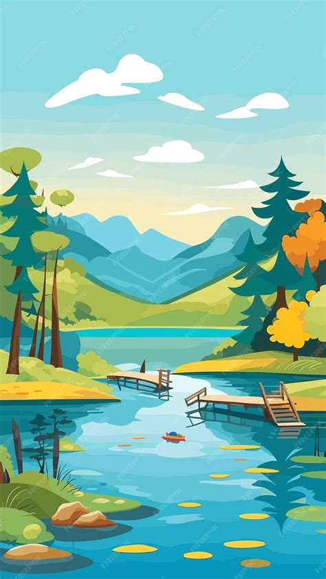 Premium Vector | Lake nature landscape drawing cartoon artwork vector