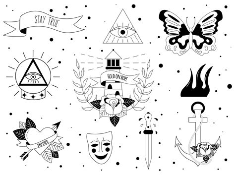 Set of tattoo in y2k, 1990s, 2000s style. Emo goth element design with ...