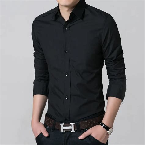 New Fashion Solid Black and white Summer Men shirts men's business casual long sleeved shirt ...