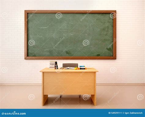 Illustration Of Bright Empty Classroom With Blackboard And Te Stock ...