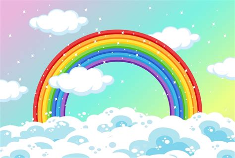 Rainbow with clouds and glitter on pastel sky 1340746 Vector Art at ...