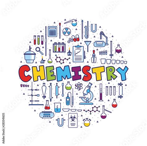 Circle concept with hand lettering word Chemistry and different types of laboratory equipments ...