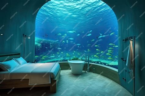 Premium Photo | Underwater Hotel Luxury Room Under Water Aquatic Bedroom in Aquarium Abstract ...