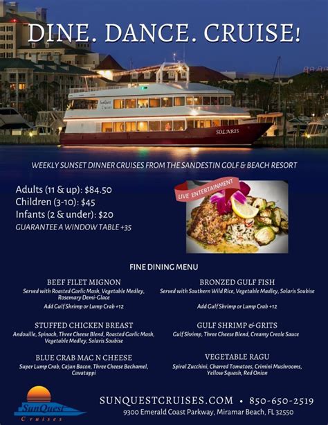 Destin Dinner Cruise Menu - 2021 - SunQuest Cruises - Waterfront Dining