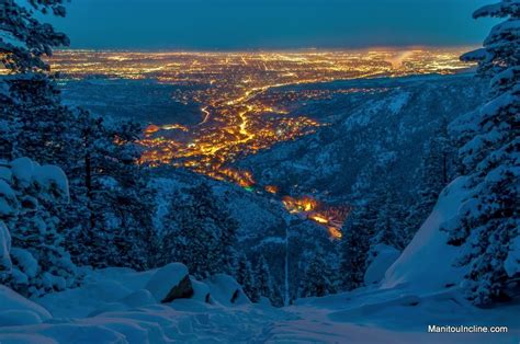 A snowy Incline over the lights of Manitou Springs, CO | Colorado ...